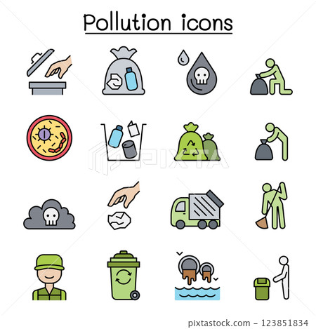 Pollution icon set in colorline style Pollution icon set in colorline style 123851834