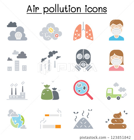 Air pollution icon set in flat color style 123851842