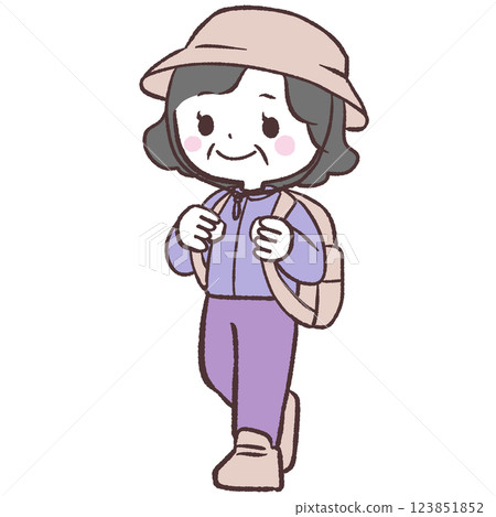 一位背著背包行走的老年婦女的插圖 123851852