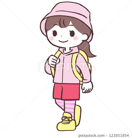 Illustration of a woman walking with a backpack 123851854