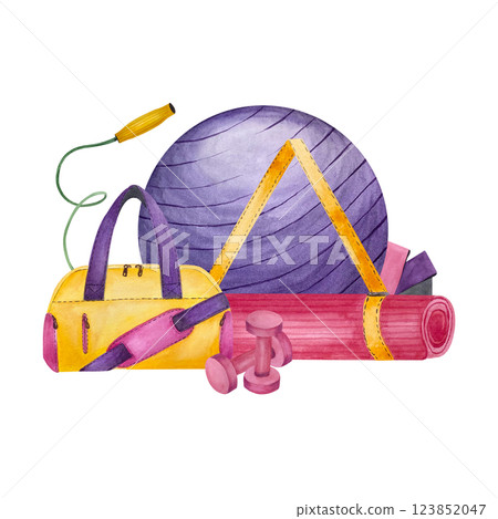 Fitness equipment. Women sport inventory, Jump rope, gymnastics mat, dumbbells, fitball and sport bag. Isolated bright watercolor illustration isolated. Training yoga equipment. Active lifestyle 123852047