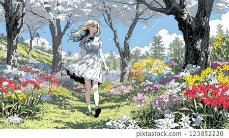 春天鮮花盛開和年輕女子 春天鮮花盛開和年輕女子 123852220