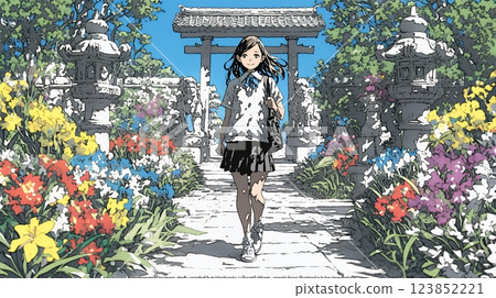 春天鮮花盛開和年輕女子 春天鮮花盛開和年輕女子 123852221