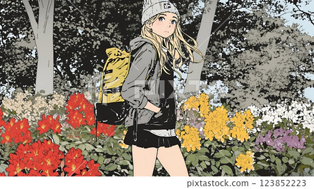 Spring flowers in full bloom and young woman 123852223