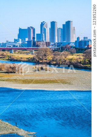2 月 11 日，日本東京城市景觀…川崎站和武藏小杉站前的塔樓公寓大樓、多摩川、水禽景觀 = 令和 7 123852260