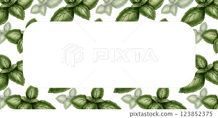 Watercolor frame with basil leaves 123852375