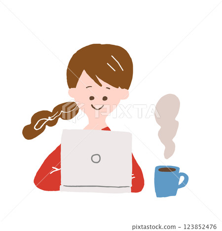 手繪風格、遠距工作、使用電腦的女人、向量、彩色、流行 手繪風格、遠距工作、使用電腦的女人、向量、彩色、流行 123852476