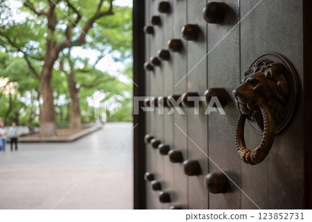 Ancient Chinese Doorway with Lion Head Knocker 123852731