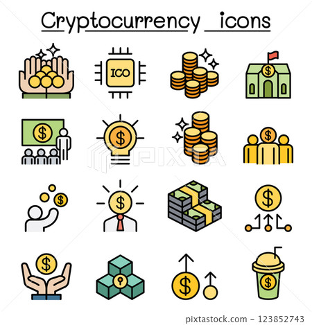 Cryptocurrency icon set in colorline style Cryptocurrency icon set in colorline style 123852743