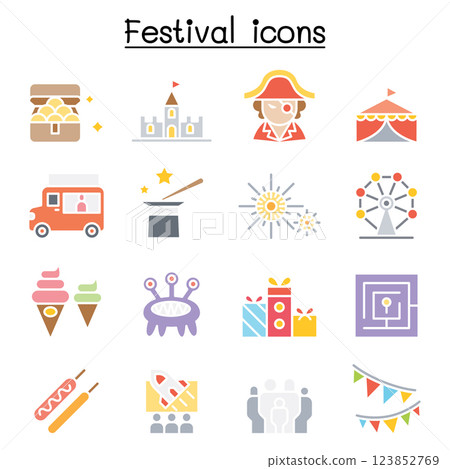 Amusement park and Festival icon set in flat color style Amusement park and Festival icon set in flat color style 123852769