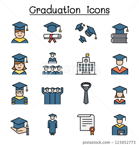 Graduation and commencement icon set in colorline style Graduation and commencement icon set in colorline style 123852773