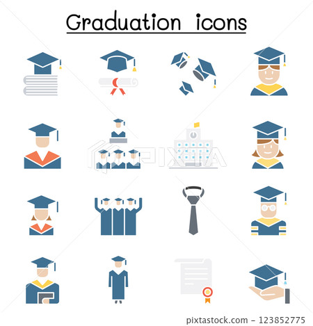 Graduation and commencement icon set in flat color style Graduation and commencement icon set in flat color style 123852775