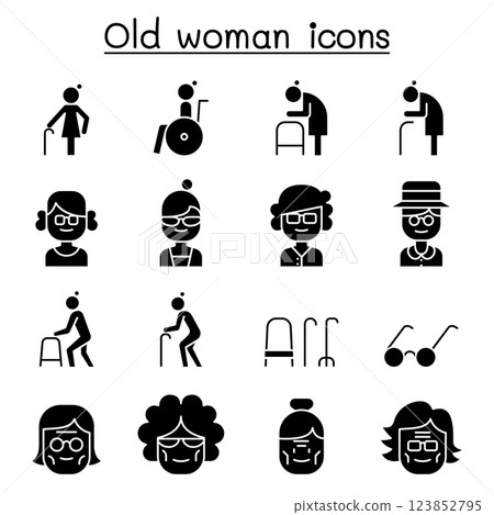 Grandmother, Grandma, old woman icon set in glyph style 123852795