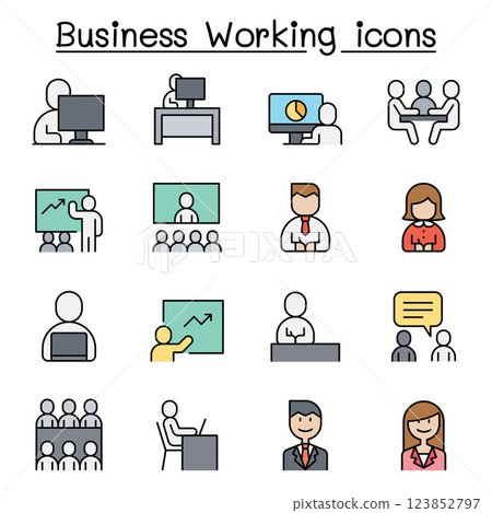 Business working icon set in colorline style 123852797