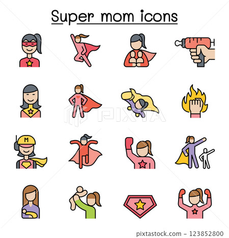 Super mom, super woman, Hero icon set in colorline style 123852800