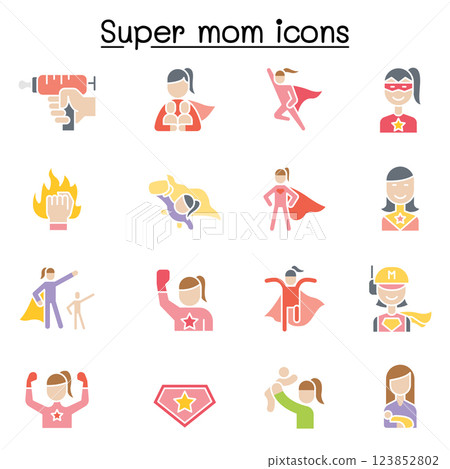 Super mom, super woman, Hero icon set in flat color style Super mom, super woman, Hero icon set in flat color style 123852802