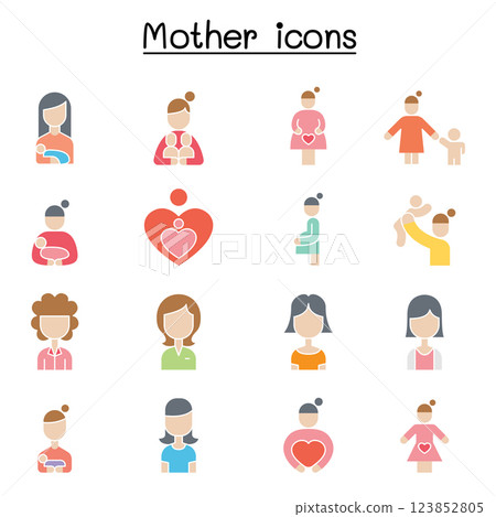 Mother and Super mom icon set in flat color style Mother and Super mom icon set in flat color style 123852805