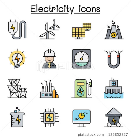 Electricity industry icon set in colorline style 123852827