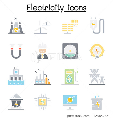 Electricity industry icon set in flat color style Electricity industry icon set in flat color style 123852830