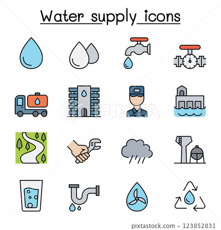 Water supply system icon set in colorline style 123852831