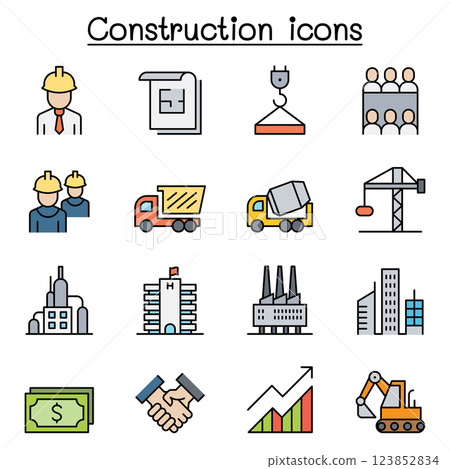 Construction industrial icon set in colorline style 123852834