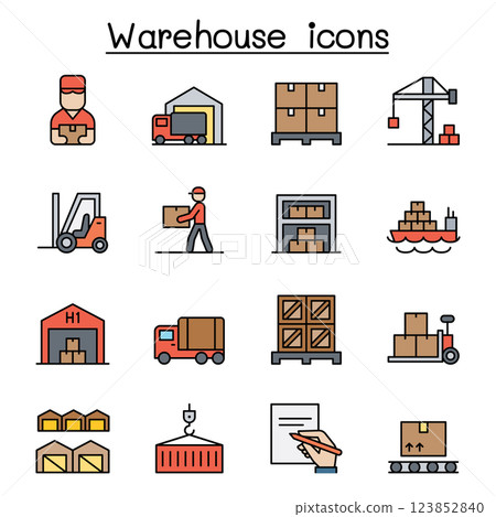 Warehouse, delivery, shipment, logistic icon set in colorline style Warehouse, delivery, shipment, logistic icon set in colorline style 123852840