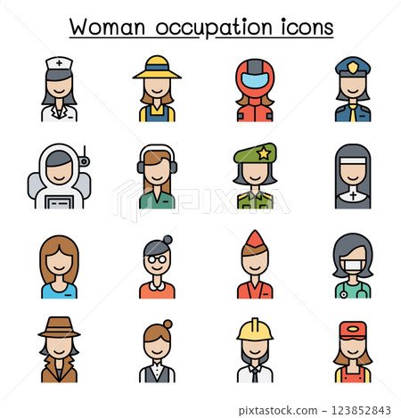 Woman occupation, career icon set in colorline style 123852843