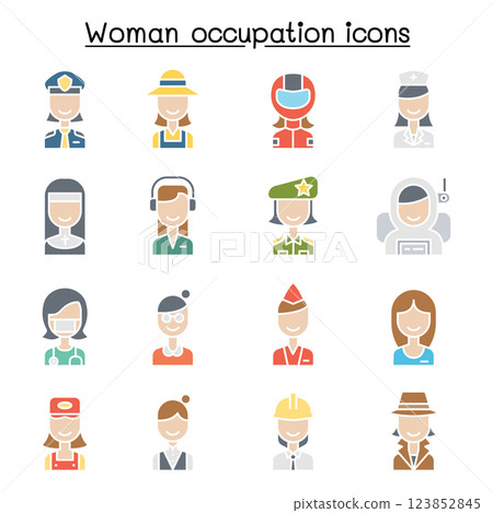 Woman occupation, career icon set in flat color style 123852845
