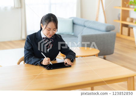 High school girls studying in the living room 123852850