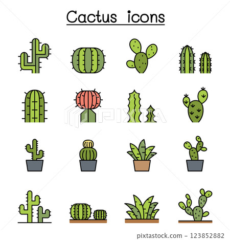Cactus and succulent plant icon set in colorline style Cactus and succulent plant icon set in colorline style 123852882