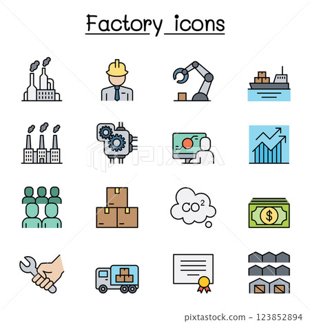 Factory, Industrial Building, Manufacturing icon set in colorline style 123852894