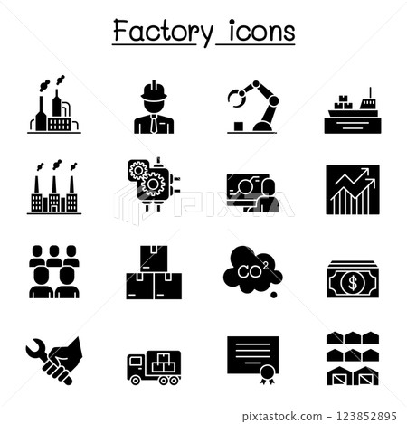 Factory, Industrial Building, Manufacturing icon set in glyph style 123852895