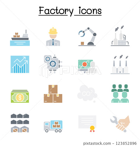 Factory, Industrial Building, Manufacturing icon set in flat color style 123852896