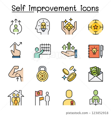 Self improvement, aim, target, development, planning, strategy icon set in colorline style 123852918