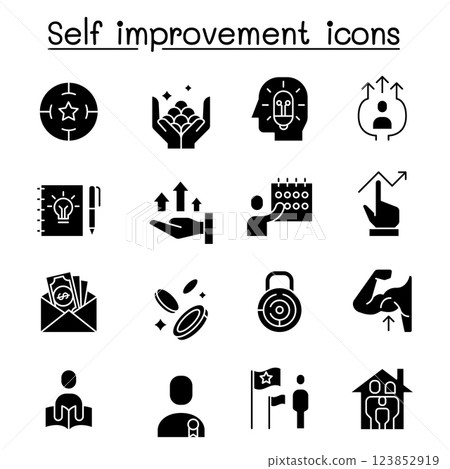 Self improvement, aim, target, development, planning, strategy icon set in glyph style 123852919