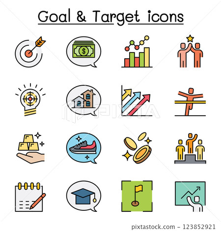 Target, purpose, aim, self improvement, development icon set in colorline style Target, purpose, aim, self improvement, development icon set in colorline style 123852921