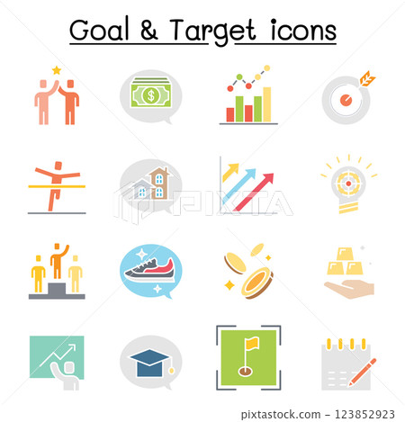 Target, purpose, aim, self improvement, development icon set in flat color style Target, purpose, aim, self improvement, development icon set in flat color style 123852923