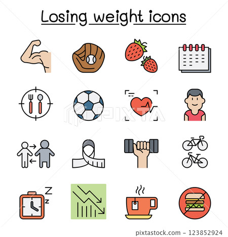Diet, Losing weight, fitness, healthy lifestyle icon set in colorline style 123852924