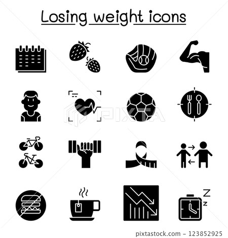 Diet, Losing weight, fitness, healthy lifestyle icon set in glyph style Diet, Losing weight, fitness, healthy lifestyle icon set in glyph style 123852925