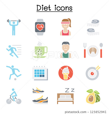 Losing weight, Diet, Exercise icon set in flat color style 123852941