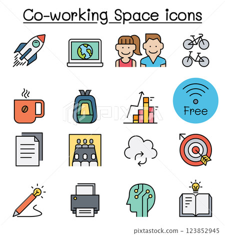 Co-working space icon set in colorline style Co-working space icon set in colorline style 123852945