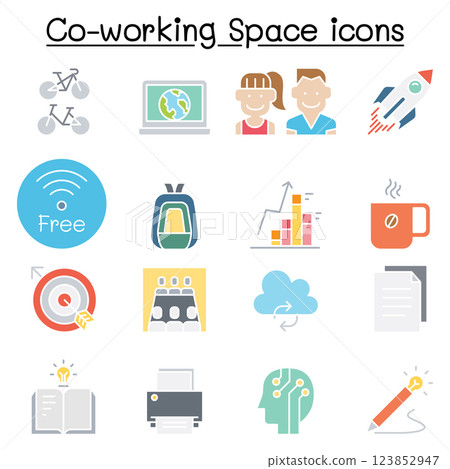 Co-working space icon set in flat color style 123852947