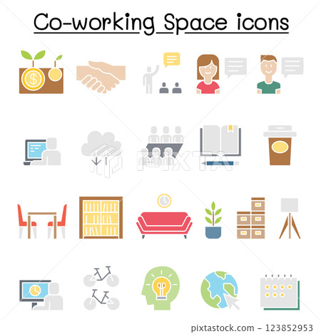 Co-working space icon set in flat color style 123852953