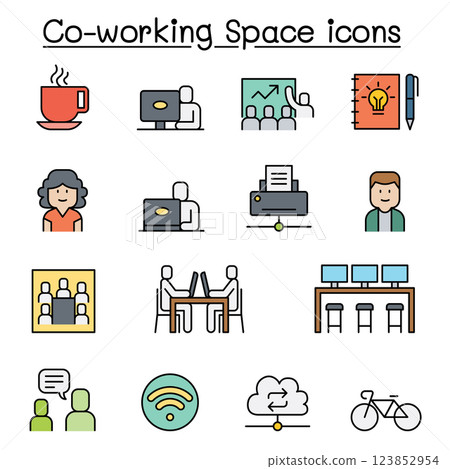 Co working space icon set in colorline style 123852954