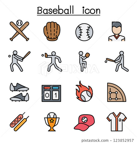 Baseball and softball icon set in colorline style 123852957