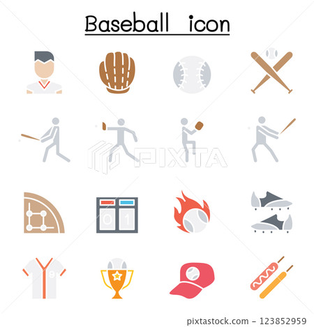 Baseball and softball icon set in flat color style Baseball and softball icon set in flat color style 123852959