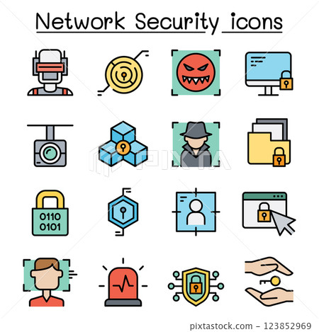 Network Security, Internet firewall icon set in colorline style Network Security, Internet firewall icon set in colorline style 123852969