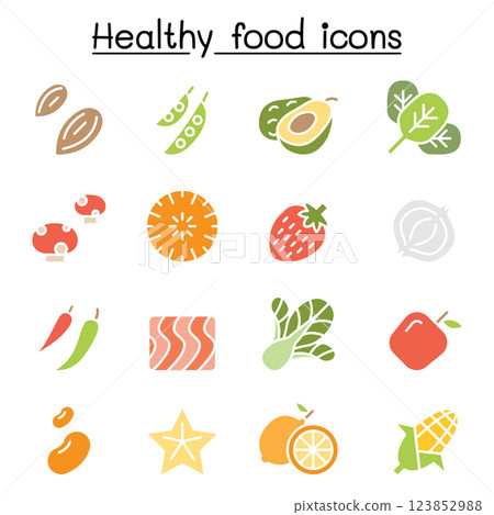 Healthy food icon set in flat color style 123852988