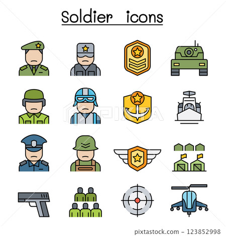 Soldier and Military icon set in colorline style 123852998