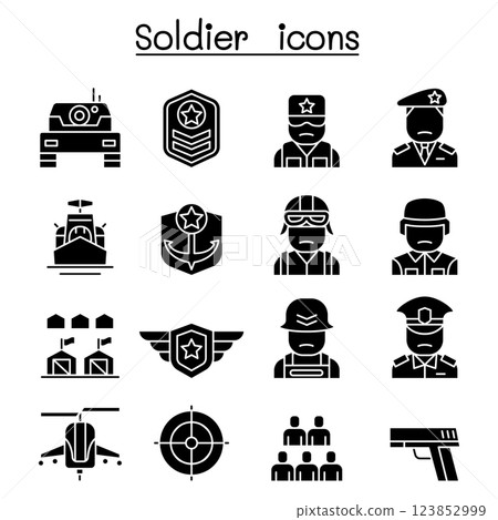 Soldier and Military icon set in glyph style Soldier and Military icon set in glyph style 123852999